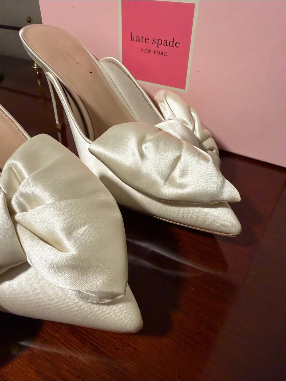 kate spade Ivory White Satin Pointed Bow Slip-On Heels Bridal Wedding
